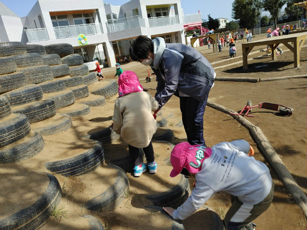 クローバーの種を築山に!! 咲くかな？